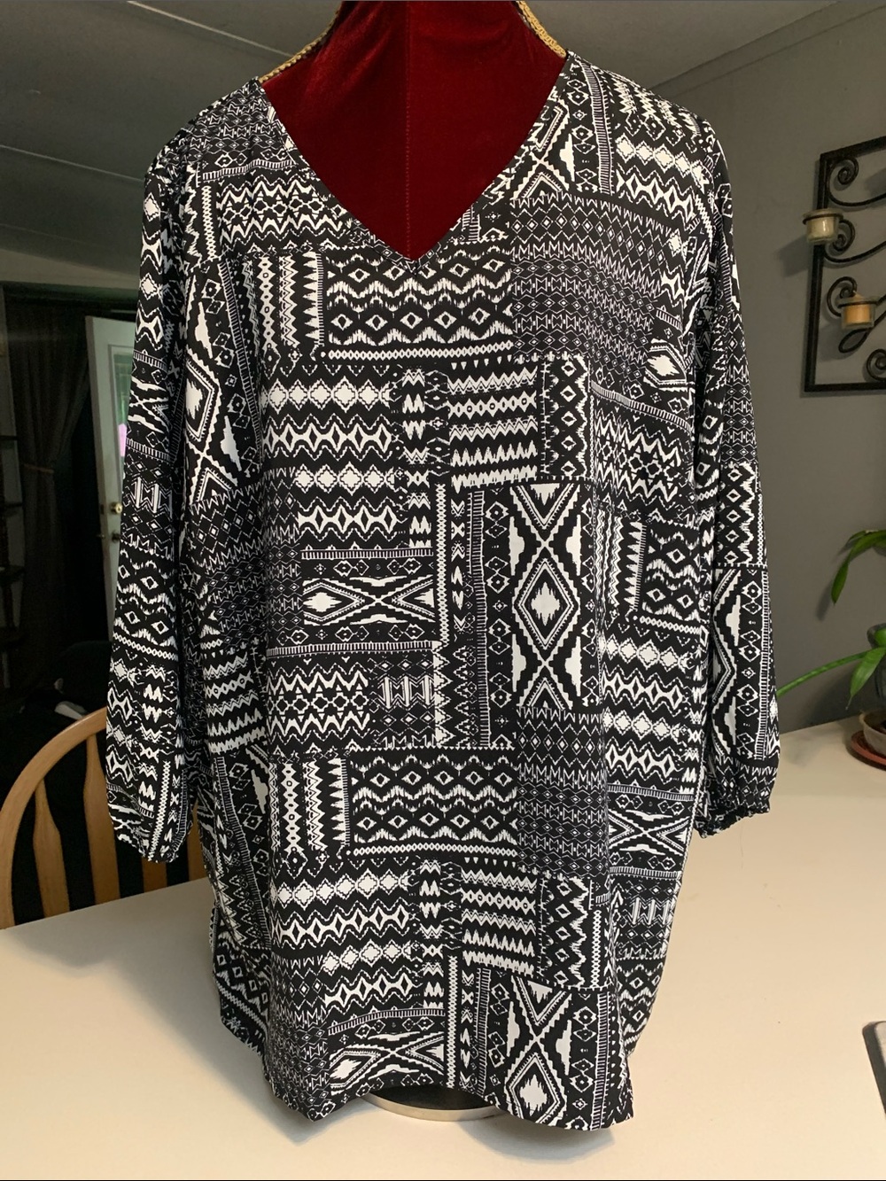 Mario Serrani Black and White Aztec Print Blouse NWOT